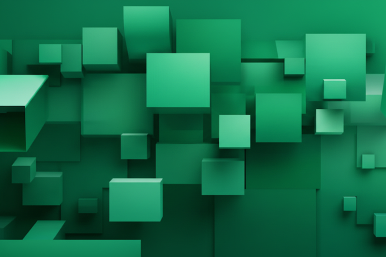 Green geometric pattern with floating cubes on a green background